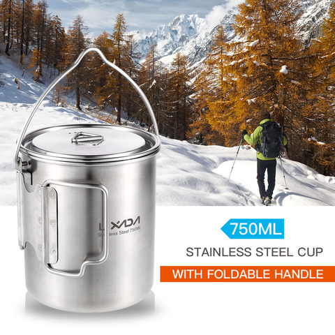 Lixada – Pot en acier inoxydable de 750ml, tasse à eau Portable avec couvercle et poignée pliable, Camping en plein air, pique-nique ► Photo 1/6