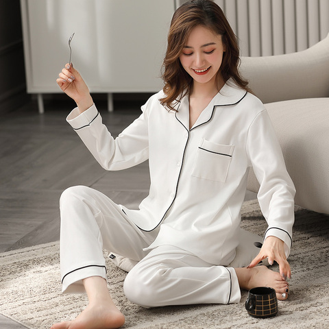 Hiver 100% coton Pyjama pour femmes automne manches complètes solide blanc Pijama Mujer Invier pur coton vêtements de nuit rose Pyjama Femme ► Photo 1/6