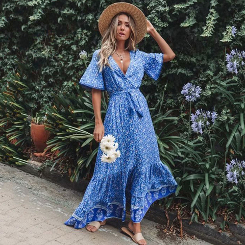 Jastie Vintage imprimé Maxi robe taille cravate à volants ourlet Boho robes femmes plage longues robes col en v à manches courtes robe d'été 2022 ► Photo 1/6