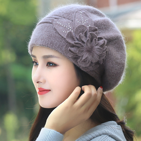 Béret femmes hiver chapeau Angora tricot bonnet chaud automne fleur Double couches ski extérieur accessoire pour femme chapeaux ► Photo 1/6