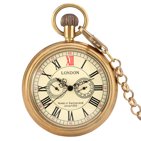 Montre de poche mécanique automatique en laiton et cuivre pour hommes, horloge de poche Antique à pendentif, cadeaux de haute qualité ► Photo 1/6