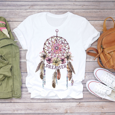 T-Shirt manches courtes pour femme, avec plume de rêve imprimé, estival et à la mode, avec dessin 2022 ► Photo 1/6