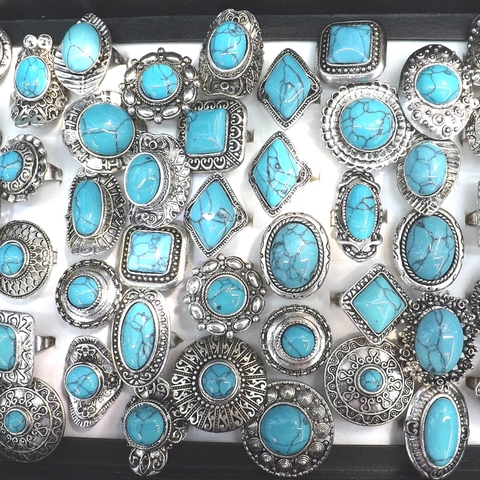 Bagues rétro Turquoises, réglables, bohème, 50 pièces/lot, vente en gros ► Photo 1/3