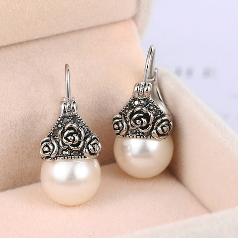 Imitation perle boucles d'oreilles pour femmes esthétique Rose fleurs antique argent couleur goutte boucle d'oreille mariage mariée bijoux E704 ► Photo 1/6