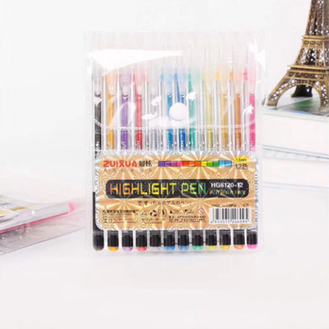 Stylo à Gel à paillettes, 12 pièces, 24 pièces/ensemble 12 couleurs, 1mm, pour coloriage, journaux, dessin, peinture, gribouillage, marqueurs d'art colorés, papeterie ► Photo 1/6