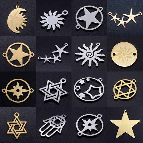 5 pcs/lot soleil étoile de David bricolage breloques en gros 100% en acier inoxydable Hamsa main connecteurs charme lune étoilé bijoux pendentif ► Photo 1/6