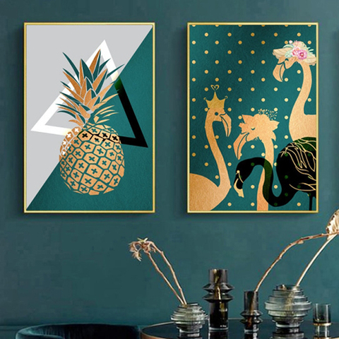 Toile Poter Print doré moderne Ins géométrie plante vert et or ananas Monstera plante peinture grande feuille décoration 2-13 ► Photo 1/6