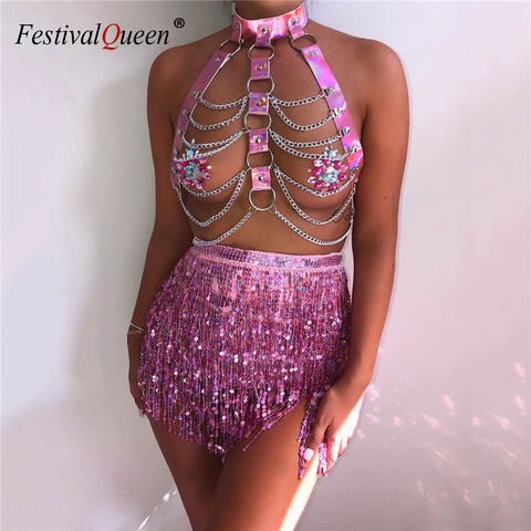 Tenue holographique 2 pièces rose brillante, Rivet de chaîne métallique, paillettes, jupe à franges, ensemble Sexy pour femmes, Club, ensemble assorti, hauts dos nu ► Photo 1/6