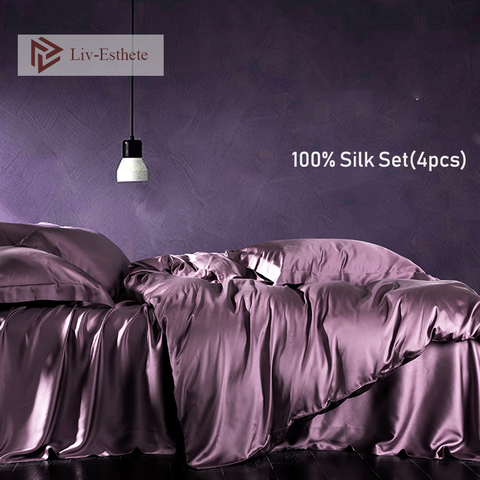 Liv-Esthete-parure de lit Noble en soie 100% | Couverture de couette violette soyeuse saine, draps plats, taies d'oreiller, parure de lit roi pour reine ► Photo 1/6
