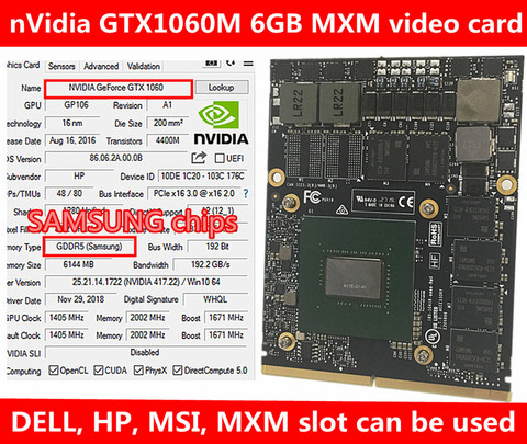 NVidia-carte vidéo GeForce GTX 1060M GTX1060M, 6 go GDDR5 MXM, avec support N17E-G1-A1, pour Dell, Alienware, MSI et HP ► Photo 1/6