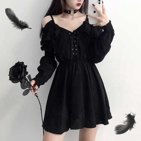 Robe Sexy taille haute pour femmes, avec épaules dénudées, manches longues, style gothique, noir, 4XL, collection automne 2022 ► Photo 1/6