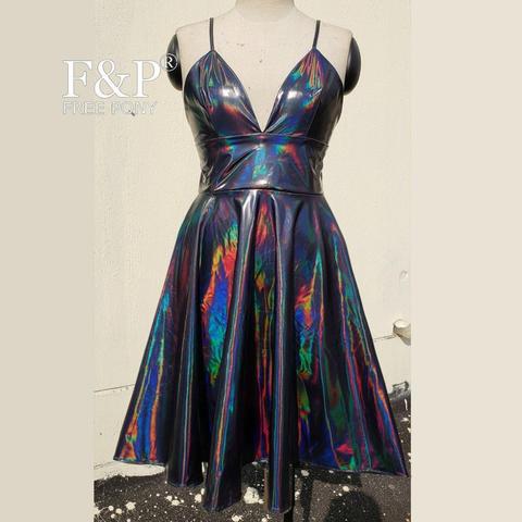 Robe patineuse holographique noire arc-en-ciel, robe pour femmes, tenue de Cocktail, remise de diplôme universitaire ► Photo 1/2