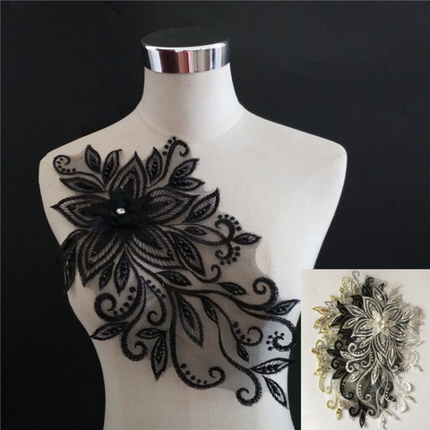 Dentelle 3D, application de fleurs, col en perles, perles, tissu en strass, dentelle brodée, matériel artisanal de robe, accessoires de couture ► Photo 1/5