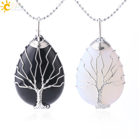 CSJA-pendentifs d'arbre de vie, colliers couleur argent, enroulé de fil, pendentif en pierre opale Onyx noir pour femmes et hommes, Reiki, bijoux, F765 ► Photo 1/6