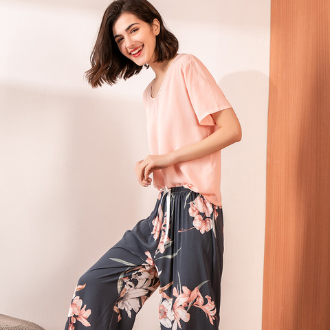 Ensemble de pyjamas d'été femmes confortable coton Viscose couleur contrastante pyjamas à manches courtes hauts avec pantalons longs dames Pj ensemble ► Photo 1/6