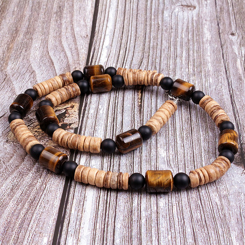 Collier Tribal en pierre naturelle d'oeil de tigre et perles de bois pour hommes ► Photo 1/4