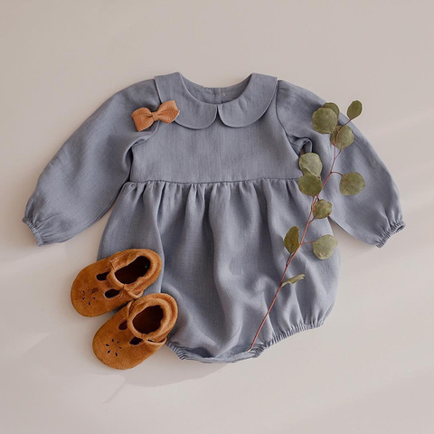 Melario bébé fille barboteuses couleur unie à manches longues bébé vêtements combinaisons coton lin nouveau-né bébé fille vêtements ► Photo 1/6