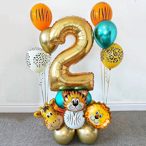 18 pièces Jungle animaux ballons ensemble Chrome métallique Latex ballon 32 pouces or numéro Globos enfants fête d'anniversaire bébé douche décor ► Photo 1/6