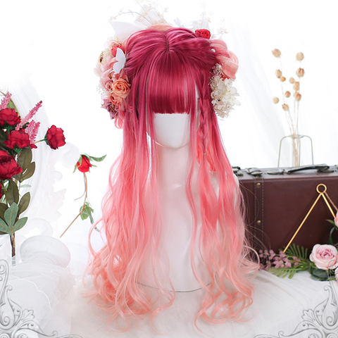 Longue rose Lolita perruques vague bouclés femme cheveux mignon Cosplay perruque Harajuku Halloween synthétique bleu vert cheveux naturels ► Photo 1/6