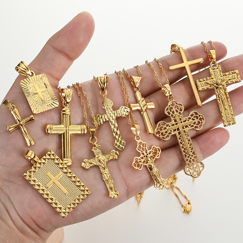 Collier à chaîne croisée en or pour femmes et hommes, pendentif de luxe, Crucifix, ornement chrétien, cadeaux ► Photo 1/6