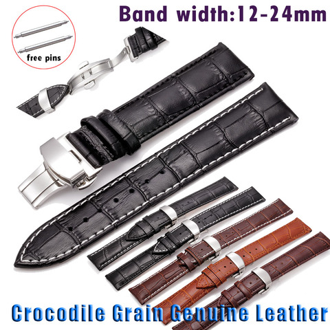 Bracelet de montre Crocodile en cuir véritable, 12 13 14 15 16 17 18mm 19 20mm 21mm 22mm 24mm, bracelet de montre, boucle ► Photo 1/6