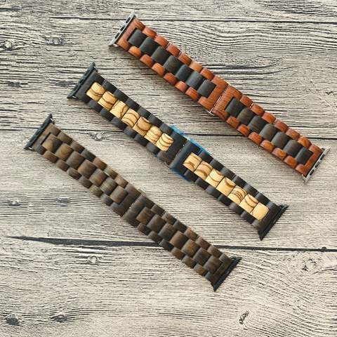 Bracelet en bois bambou pour montre Apple Watch, fait à la main, rétro, 38mm 40mm 42mm 44mm, iWatch série 2 3 4 5 6 ► Photo 1/6