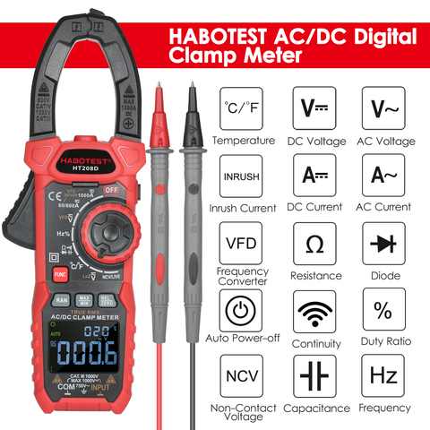 HABOTEST – pince multimètre numérique AC / DC HT208D, multimètre True-RMS, anto-plage, pince de courant multi-testeur avec Diode Volt Ohm ► Photo 1/6