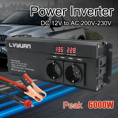 Onduleur de voiture 6000W DC 12V/24V à AC 220V | Affichage en V, prise ue, onduleur de puissance, convertisseur de Volts, chargeur, transformateur Inversor ► Photo 1/6