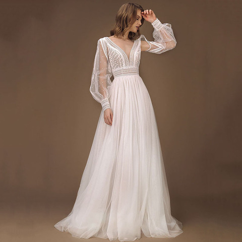 Élégant a-ligne robe De mariée manches bouffantes Tulle Boho robes De mariée Sexy dos nu Vestido De Novia princesse robe De soirée De mariage ► Photo 1/5