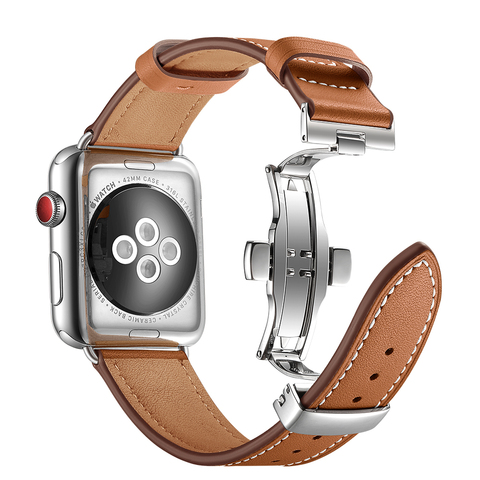 Bracelet à fermoir papillon en cuir véritable pour Apple Watch, pour Apple Watch 6 5 4 3 2 1 SE, pour iWatch 44mm 40mm 42 38 ► Photo 1/6