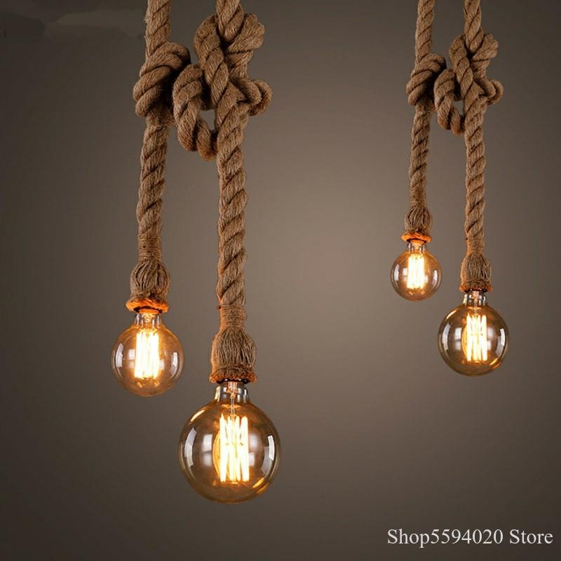 Rétro fil chanvre corde pendentif lumières barre bricolage créatif Led chanvre corde pendentif lampe Vintage Loft industriel cuisine luminaire ► Photo 1/6