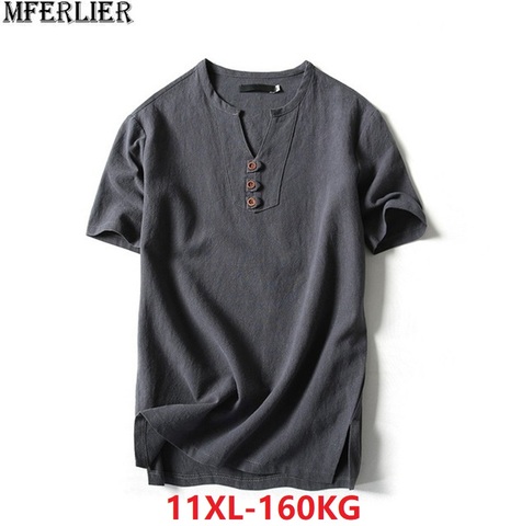 Été hommes lin coton t-shirts à manches courtes style chinois vintage col en v t-shirts grande taille 6XL 9XL 10XL 8XL surdimensionné noir kaki ► Photo 1/6