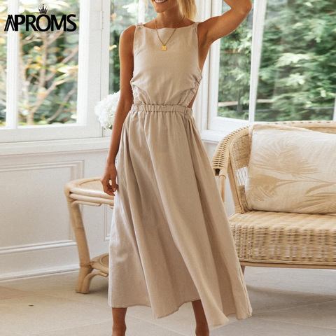 Aproms Élégant Coton Lin Robe Midi Femme 2022 Mode d'été Robes Dame Décontracté Dos Nu Crossover Base Robes Trapèze ► Photo 1/6