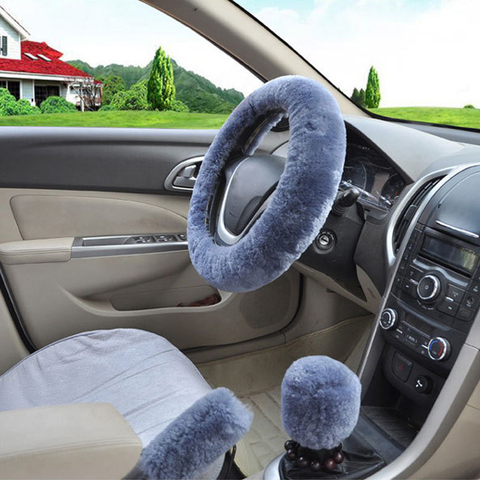 Housses de volant de voiture en peluche, couvre-volant en fausse fourrure pour frein à main et équipement, accessoires d'intérieur de voiture, hiver, 3 pièces/ensemble ► Photo 1/6