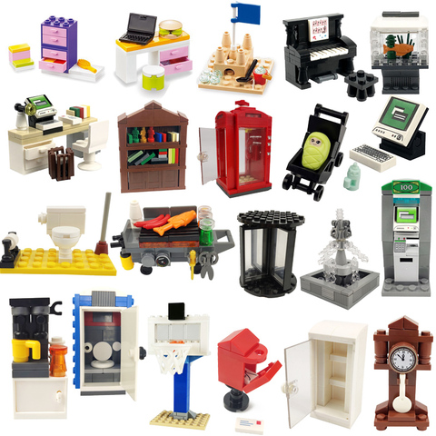 Figurines de toilettes pour enfants, boîte de téléphone ATM, Piano, horloge, bibliothèque, jouets pour enfants, MOC assembler modèle de ville blocs de construction ► Photo 1/6