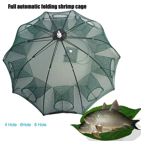 Renforcé 4-8 trous filet de pêche automatique Cage à crevettes en Nylon pliable piège à poisson ► Photo 1/6