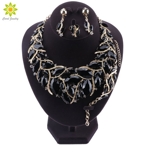 Ensembles de bijoux de mariage en cristal noir de mode pour les accessoires de Costume de fête de mariée décorations collier de mariée boucle d'oreille Bracelet anneau ► Photo 1/6