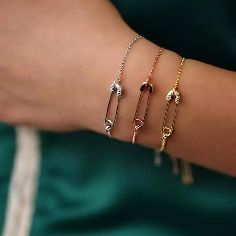 Véritable 925 argent sterling délicat personnalisé bijoux micro pavé étincelles cz épingle de sûreté breloque chaîne bracelets pour les femmes cadeaux ► Photo 1/5