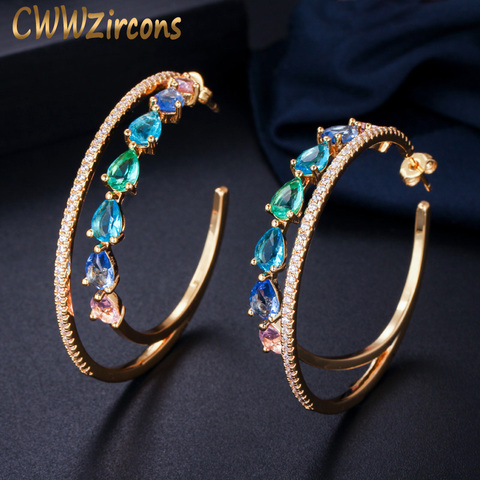 CWWZircons-boucles d'oreilles pour femmes, doubles cercles en cristal zircon cubique, bijoux ronds, couleur arc-en-ciel, CZ562 ► Photo 1/6