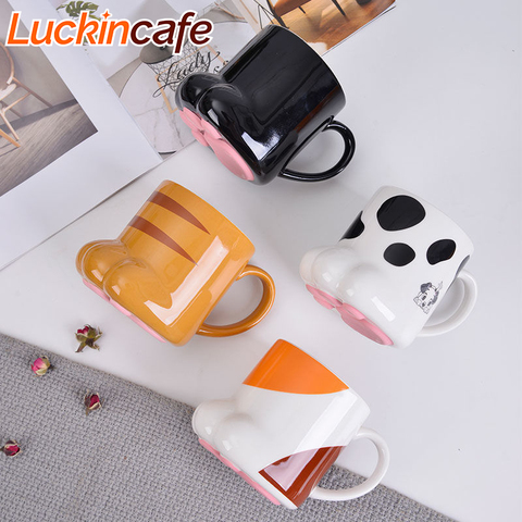 Mignon chat patte tasse tasse à café en céramique tasse à boire avec couvercle lait tasses petit déjeuner avoine tasse dessin animé 3D chat patte cadeau anniversaire cadeau ► Photo 1/6