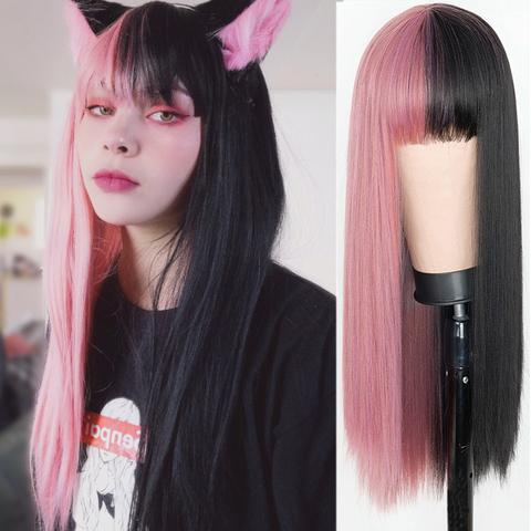 Perruque rose et noire cheveux longs raides Cosplay perruque deux tons Ombre couleur femmes perruques de cheveux synthétiques ► Photo 1/6