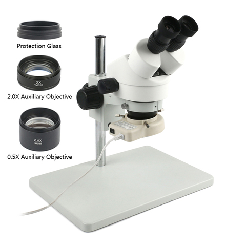 Microscope binoculaire stéréo à Zoom continu 7-45x, support de levage réglable + lentille d'objectif auxiliaire 0,5/2x + 56 LED d'éclairage annulaire ► Photo 1/5