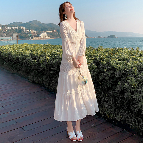SMTHMA – robe longue en dentelle blanche, style Boho, tenue de plage, vêtements de vacances, été 2022 ► Photo 1/6