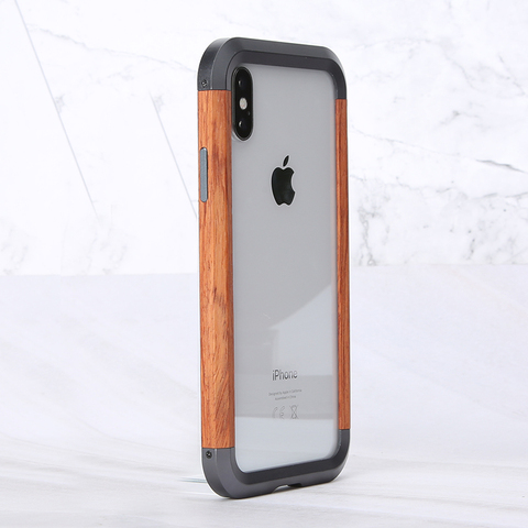 R-JUST aluminium métal bois pare-chocs étui pour iphone XS Max X housse mince bois naturel armure téléphone étui de protection Capa ► Photo 1/6