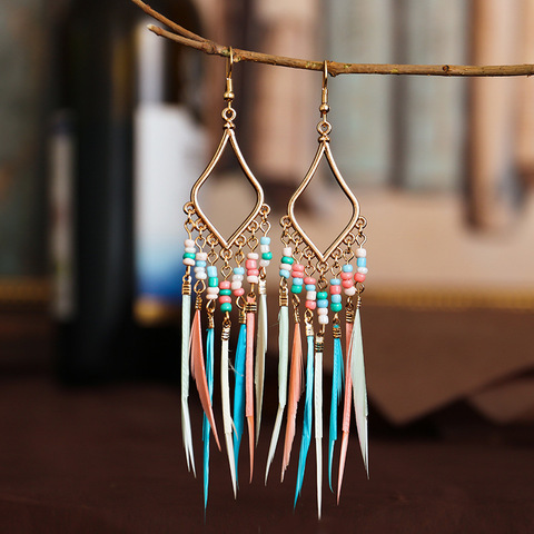 Hippie femmes géométrique alliage Long gland boucles d'oreilles bohème Boho Bijoux coloré plume boucles d'oreilles Brincos Bijoux ► Photo 1/6