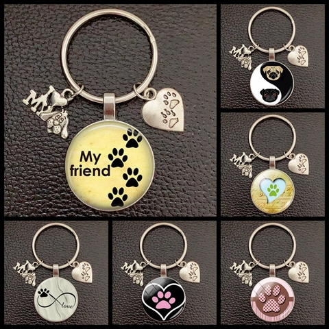 Porte-clés pour homme et fille, imprimé patte animal, mignon, pendentif en verre, motif de chat chien, amour, mini cœur, cadeau préféré, souvenir ► Photo 1/6