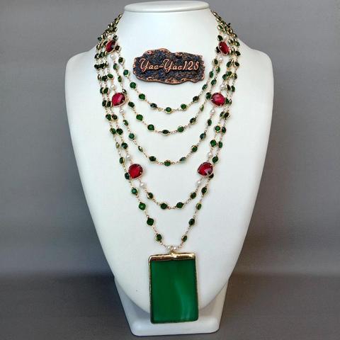 Collier en perles blanches pour femmes 18 '', chaîne en cristal rouge et vert, pendentif en agate verte, fait à la main, vintage, style de fête ► Photo 1/6