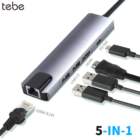 Tebe – hub multifonctionel USB type-c USB-C vers HDMI, Station d'accueil Ethernet Gigabit LAN, compatible USB3.0, pour Macbook et Dell ► Photo 1/6