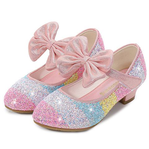 Filles chaussures en cuir princesse chaussures enfants chaussures bout rond semelle souple grandes filles à talons hauts princesse cristal chaussures chaussures simples ► Photo 1/6