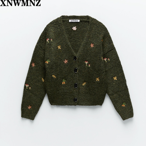 XNWMNZ Za femmes cardigan en tricot Vintage avec broderie manches longues col en v bords côtelés Cardigan femme élégante chandail d'extérieur ► Photo 1/6